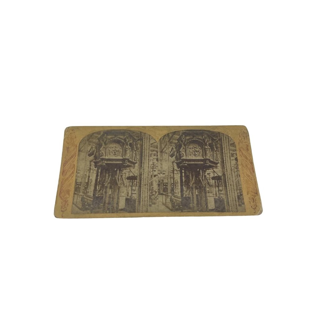Antique Stereoscope Card Carved Pulpit Centennial Expedition Philadelphia 1876